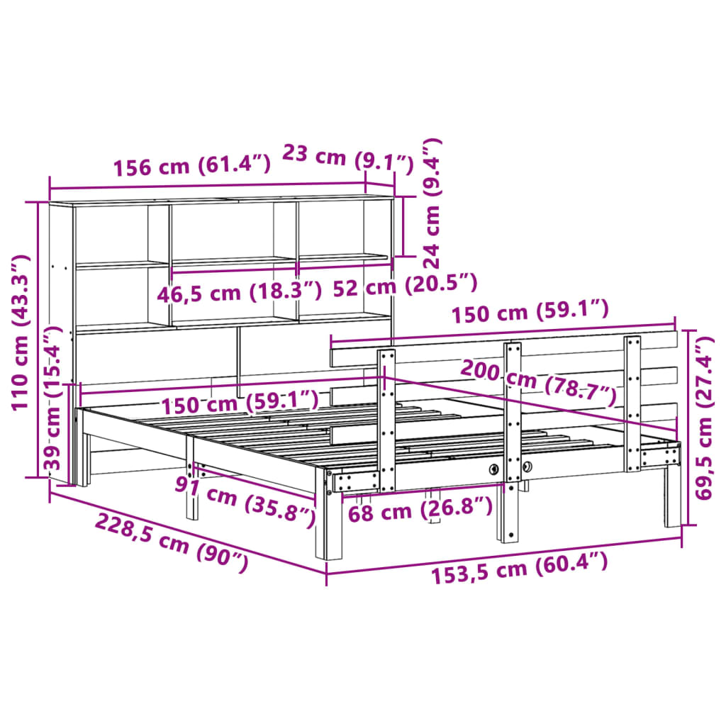 vidaXL Bookcase Bed without Mattress 150x200 cm King Size Solid Wood Pine