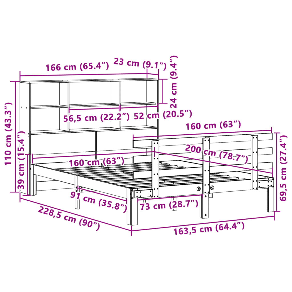 vidaXL Bookcase Bed without Mattress White 160x200cm Solid Wood Pine