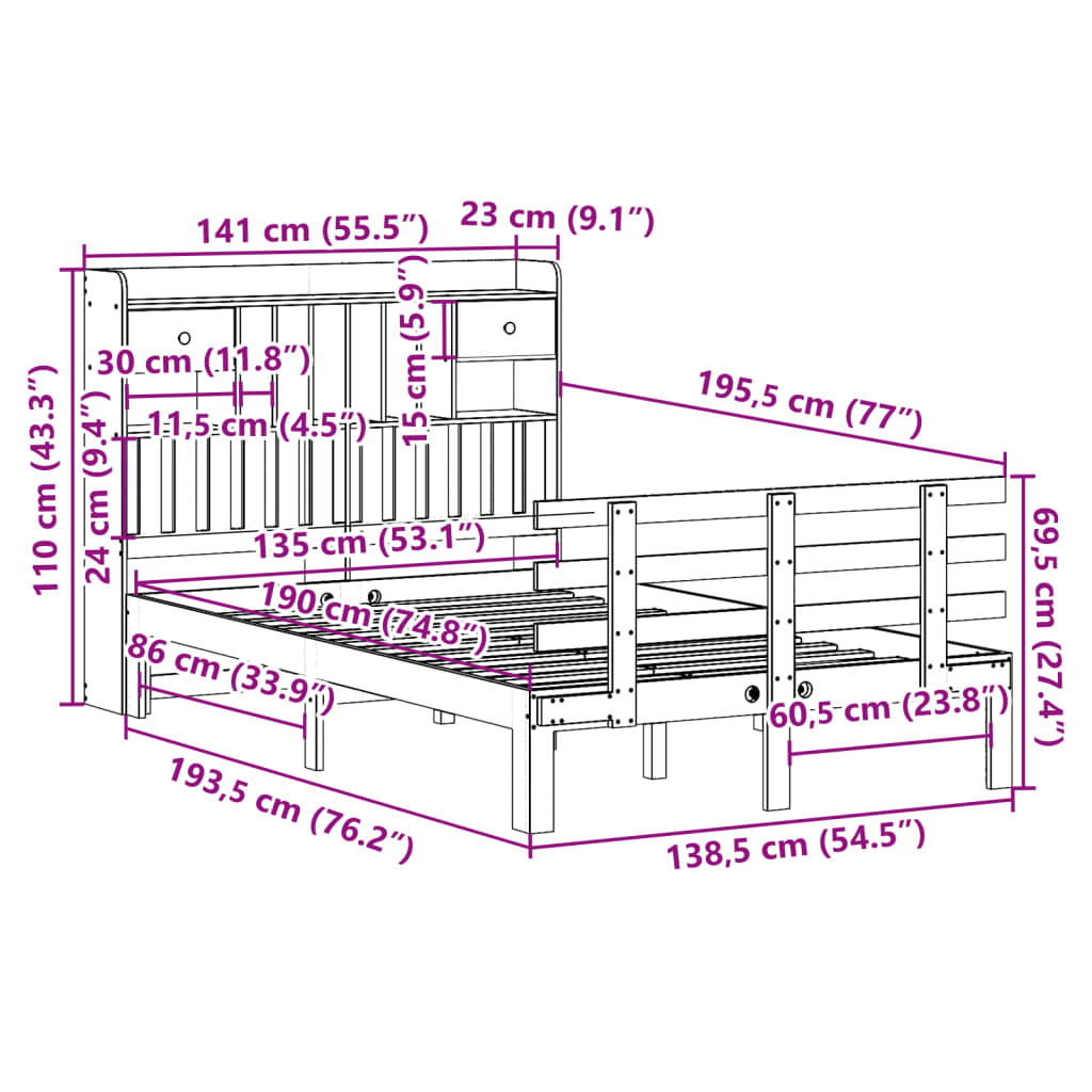 vidaXL Bookcase Bed without Mattress 135x190 cm Double Solid Wood Pine