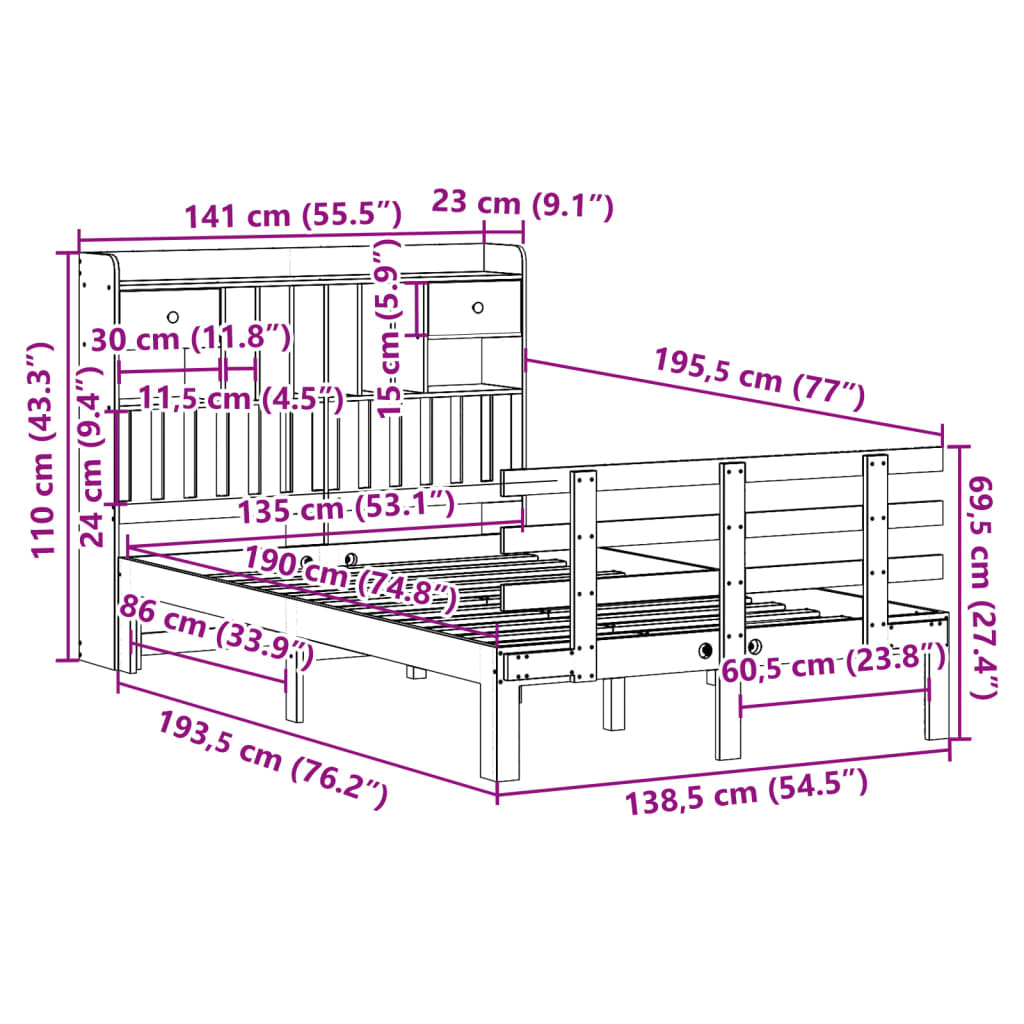 vidaXL Bookcase Bed without Mattress White 135x190 cm Double Solid Wood Pine