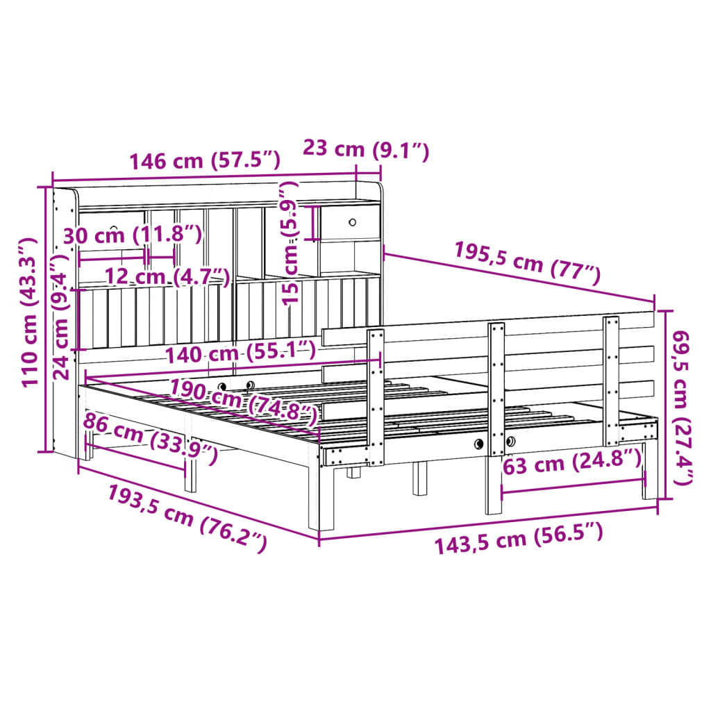 vidaXL Bookcase Bed without Mattress White 140x190 cm Solid Wood Pine