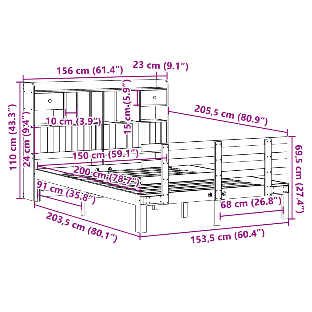 vidaXL Bookcase Bed without Mattress White 150x200 cm King Solid Wood Pine
