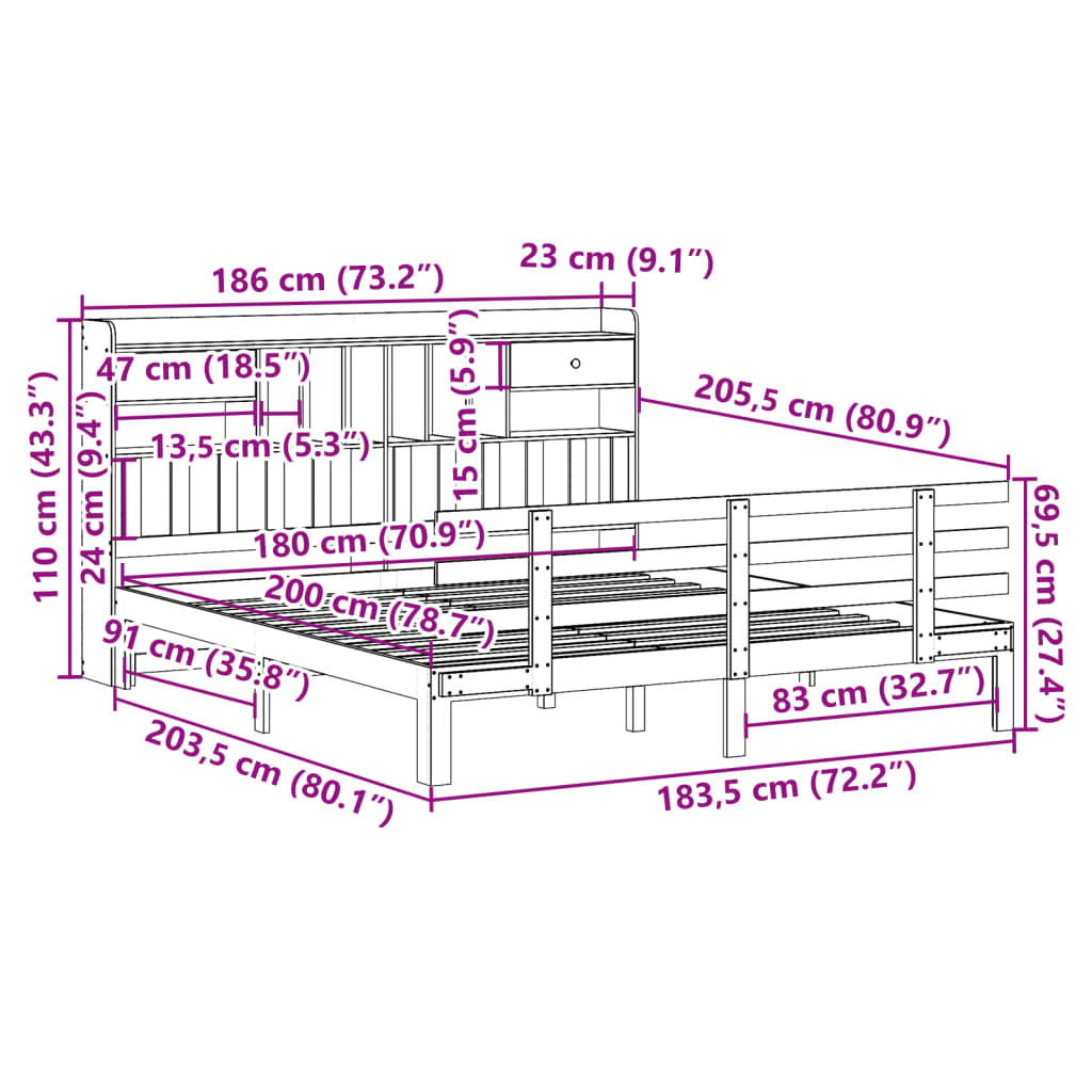 vidaXL Bookcase Bed without Mattress White 180x200 cm Super King Solid Wood Pine