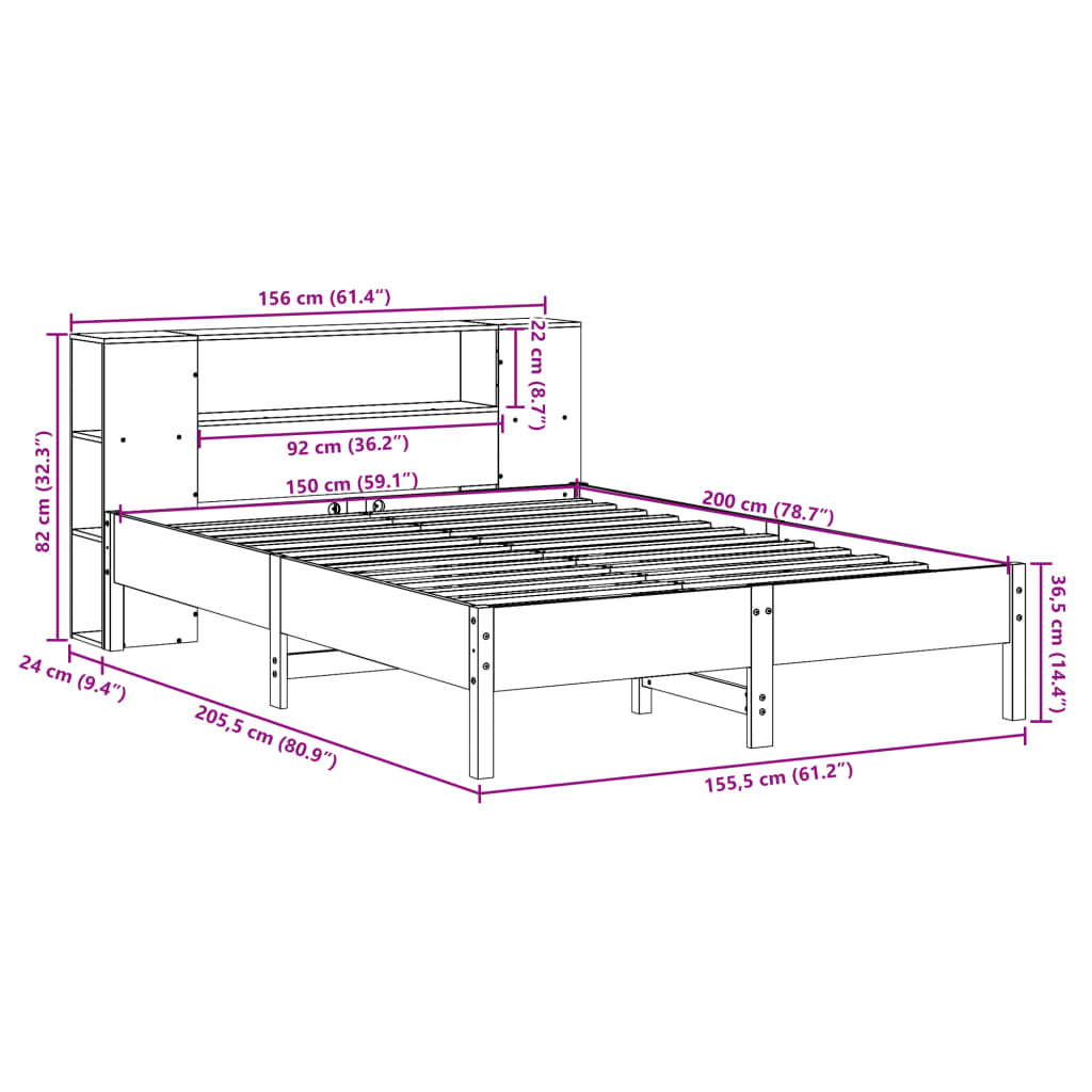 vidaXL Bookcase Bed without Mattress Wax Brown 150x200 cm King Solid Wood Pine