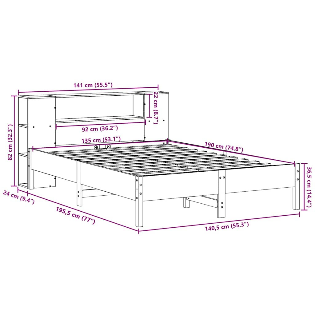 vidaXL Bookcase Bed without Mattress Wax Brown 135x190 cm Double Solid Wood Pine