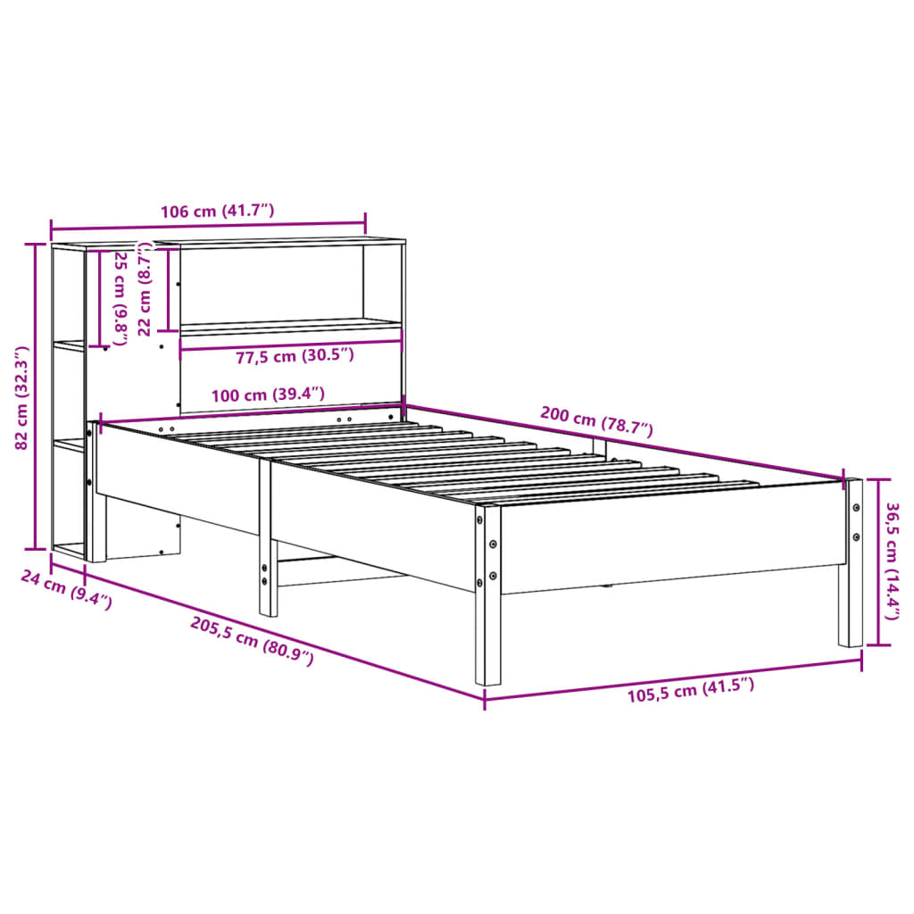 vidaXL Bookcase Bed without Mattress Wax Brown 100x200cm Solid Wood Pine