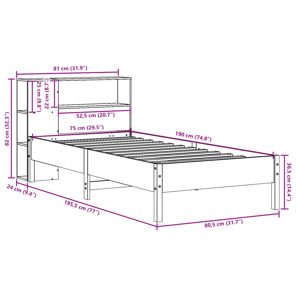 vidaXL Bookcase Bed without Mattress 75x190cm Solid Wood Pine