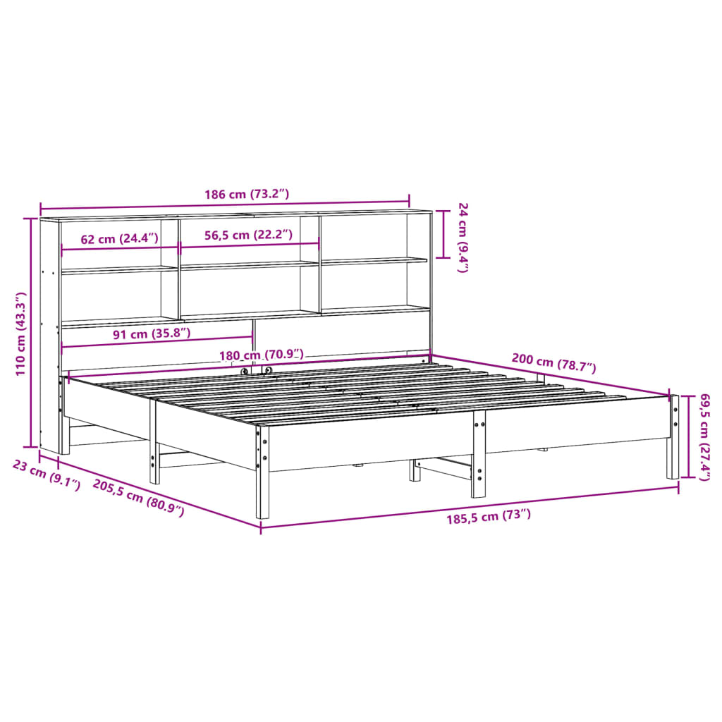 vidaXL Bookcase Bed without Mattress White 180x200 cm Super King Solid Wood Pine