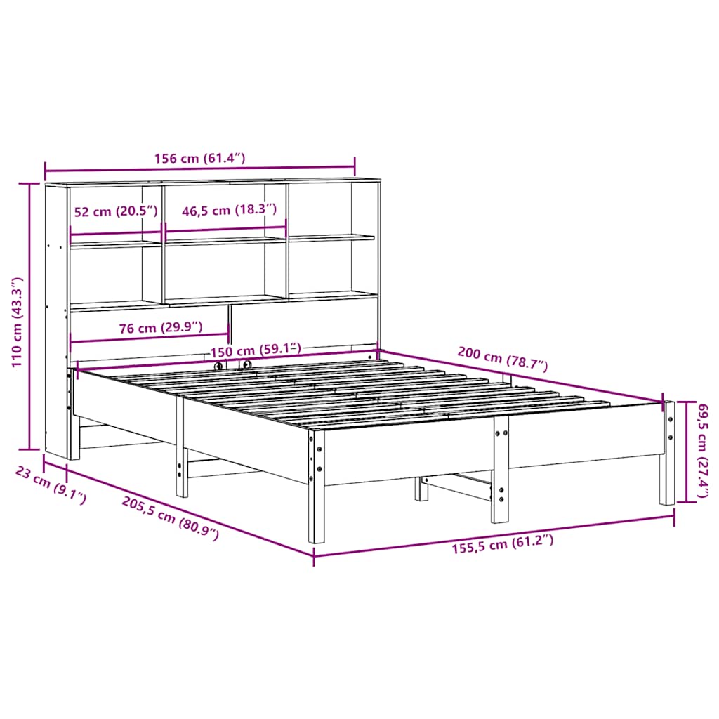 vidaXL Bookcase Bed without Mattress Wax Brown 150x200 cm King Size Solid Wood Pine