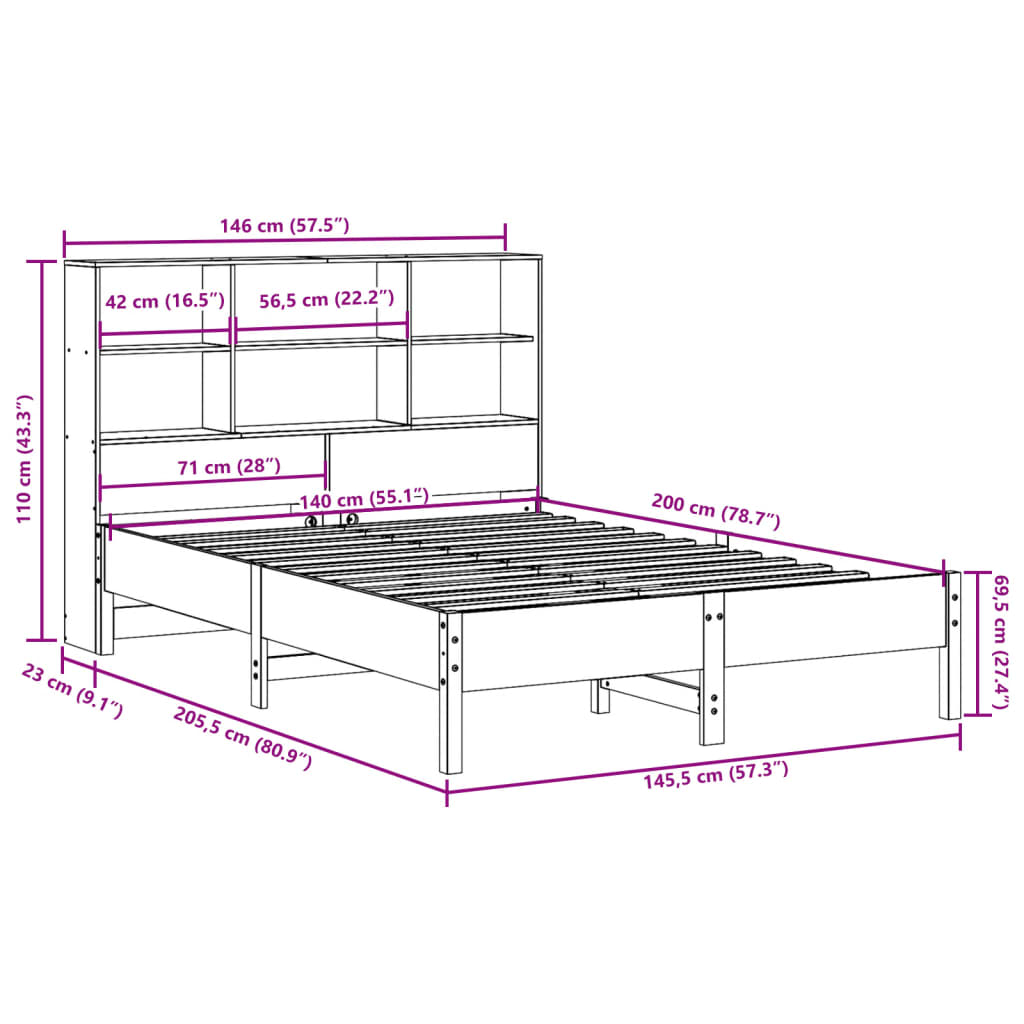 vidaXL Bookcase Bed without Mattress Wax Brown 140x200 cm Solid Wood Pine