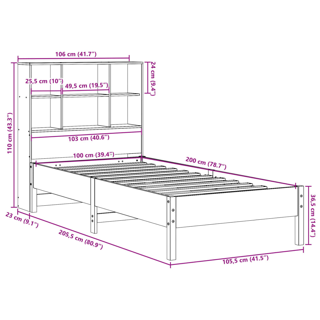 vidaXL Bookcase Bed without Mattress Wax Brown 100x200 cm Solid Wood Pine