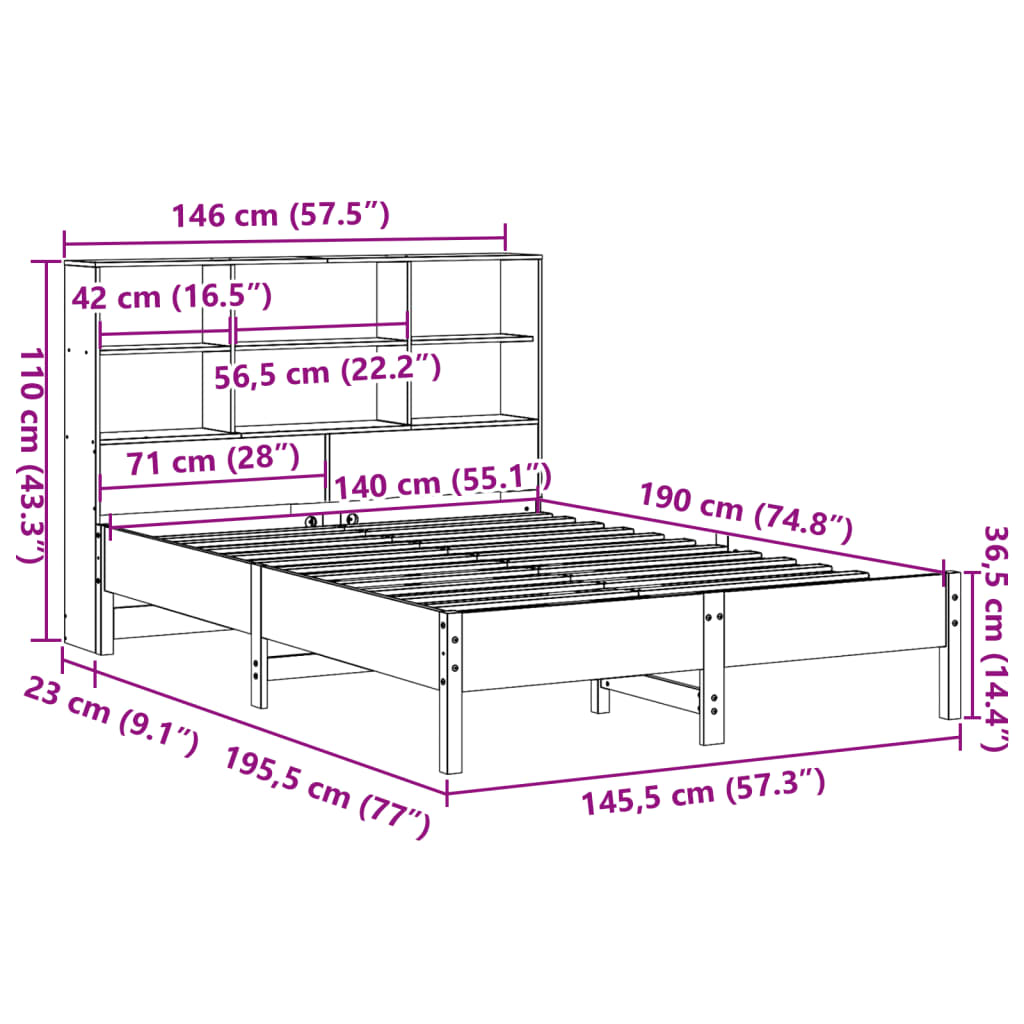 vidaXL Bookcase Bed without Mattress Wax Brown 140x190 cm Solid Wood Pine