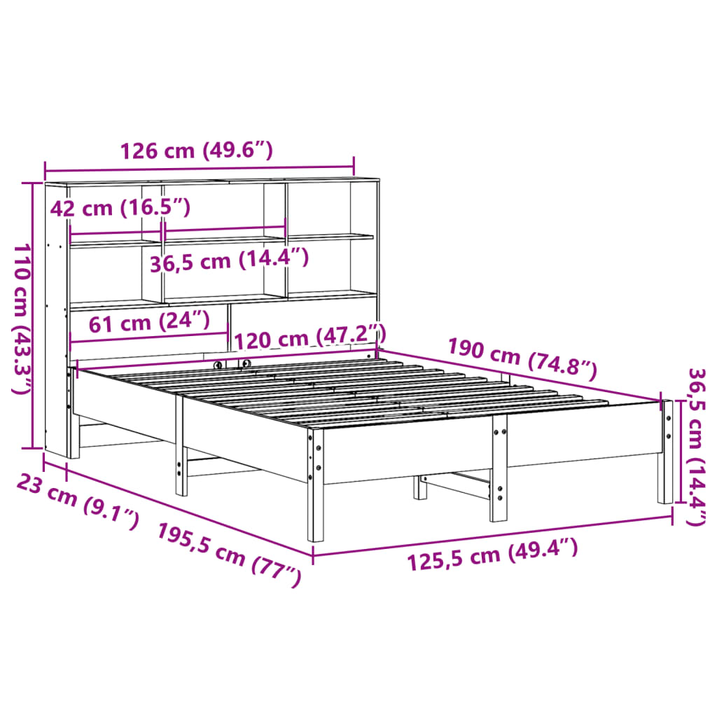 vidaXL Bookcase Bed without Mattress Wax Brown 120x190 cm Small Double Solid Wood Pine