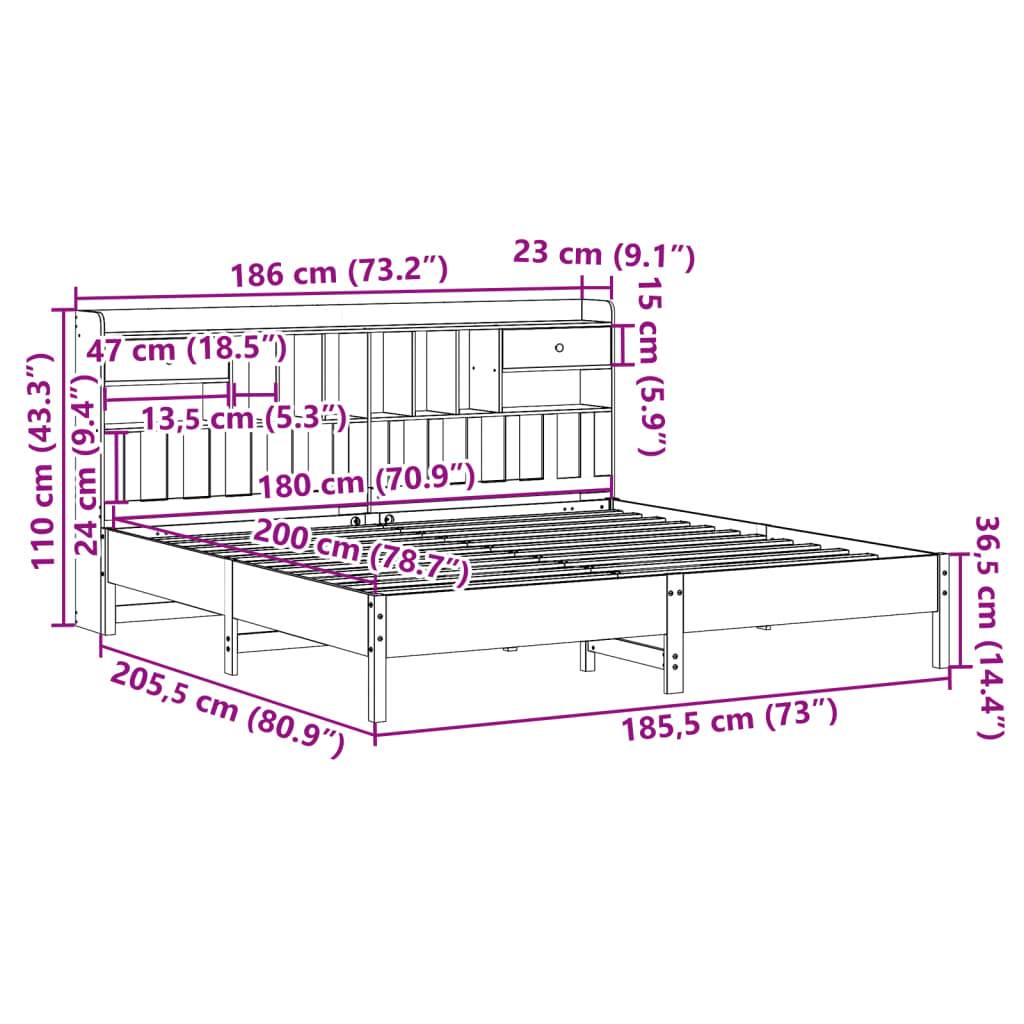 vidaXL Bookcase Bed without Mattress White 180x200 cm Super King Solid Wood Pine