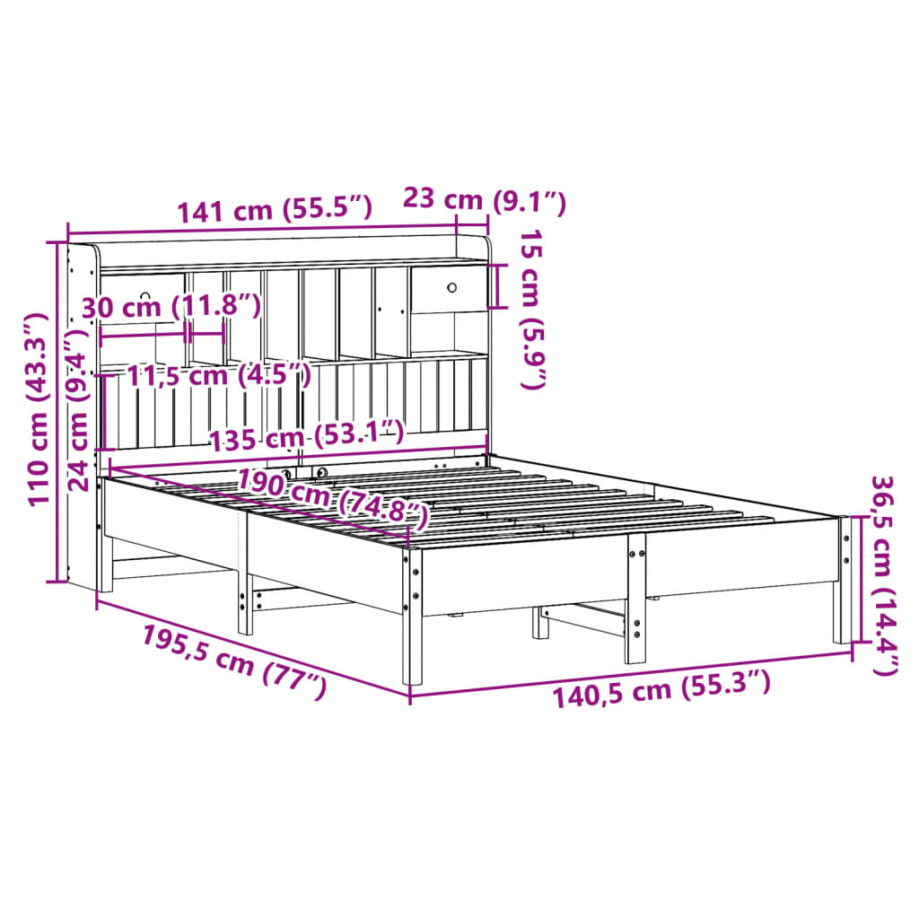 vidaXL Bookcase Bed without Mattress Wax Brown 135x190 cm Double Solid Wood Pine