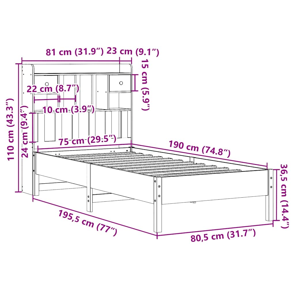 vidaXL Bookcase Bed without Mattress White 75x190 cm Small Single Solid Wood Pine