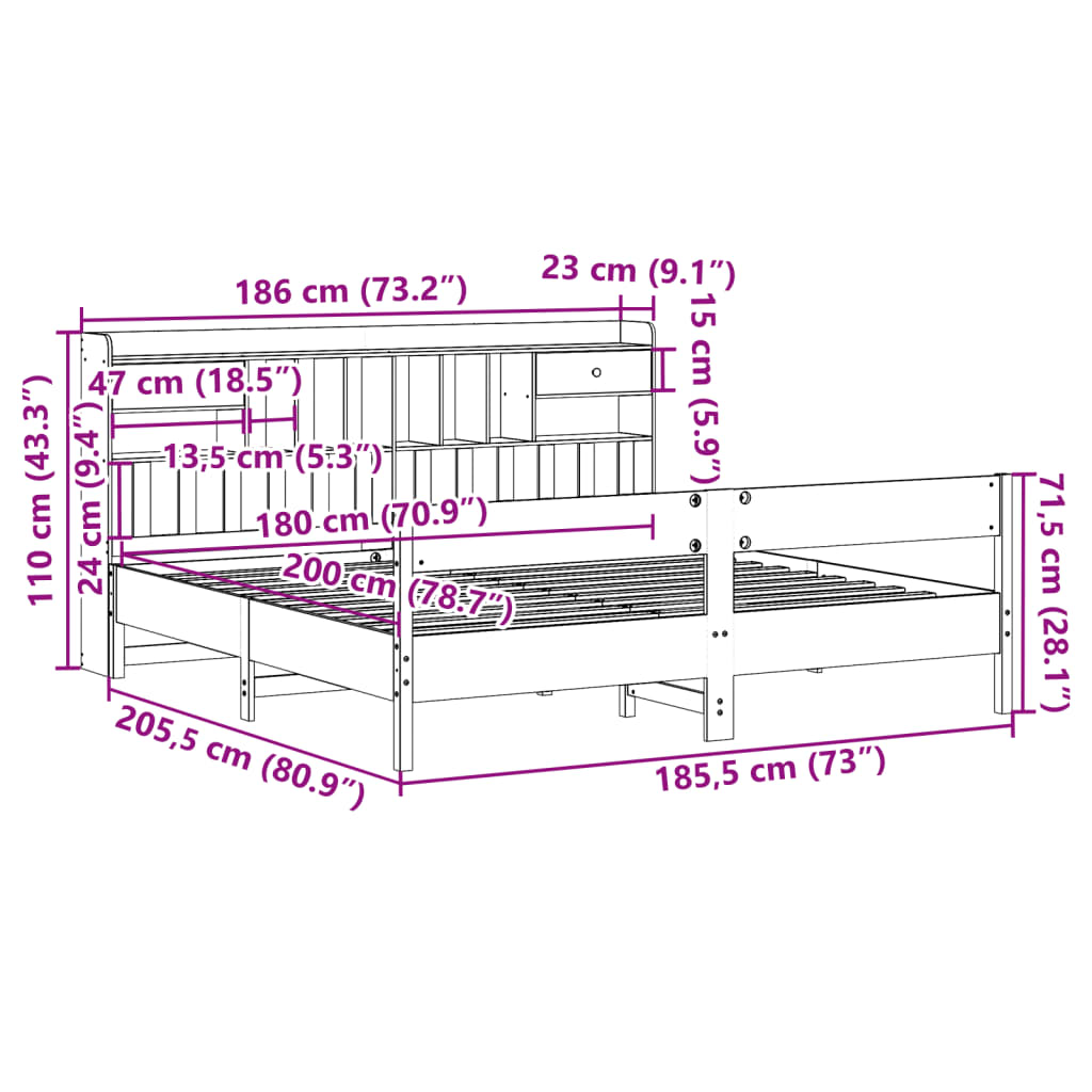 vidaXL Bookcase Bed without Mattress White 180x200cm Super King Solid Wood Pine