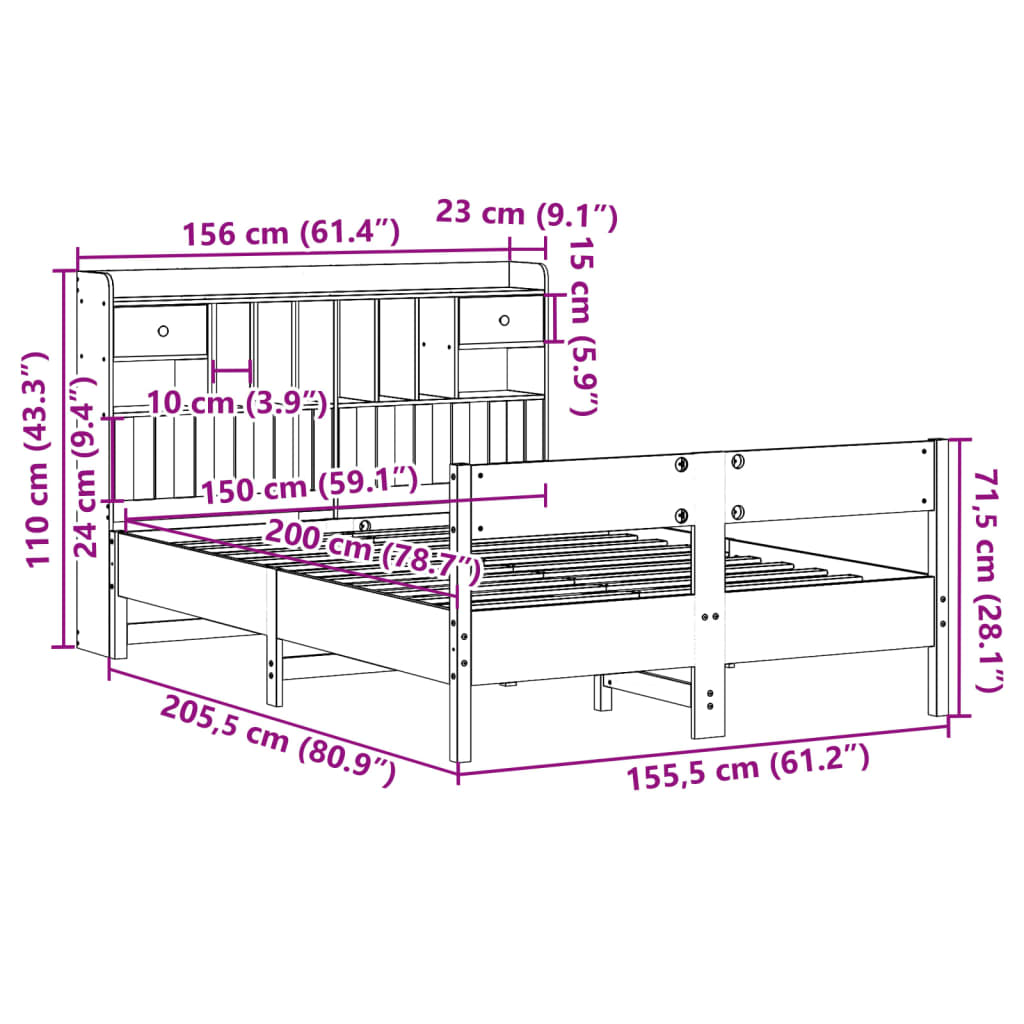 vidaXL Bookcase Bed without Mattress White 150x200cm King Size Solid Wood Pine