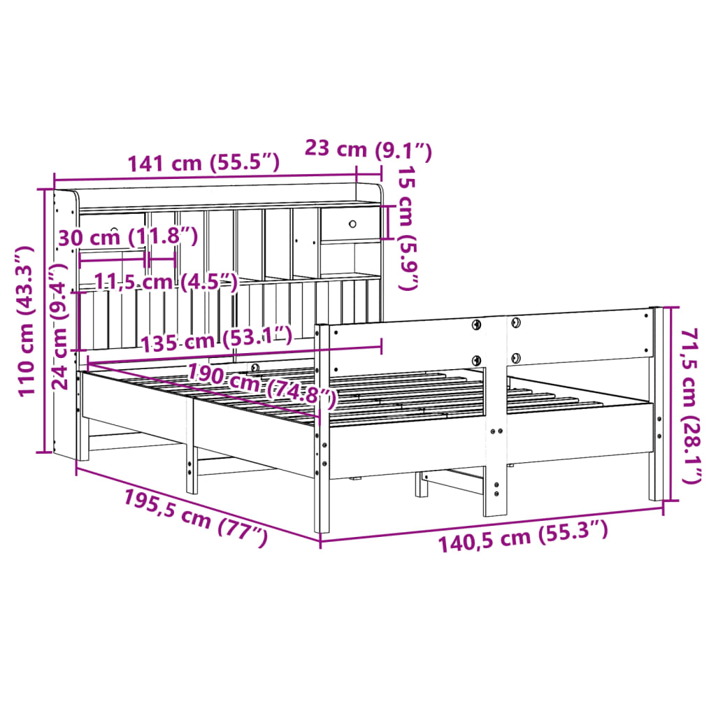 vidaXL Bookcase Bed without Mattress Wax Brown 135x190cm Double Solid Wood Pine