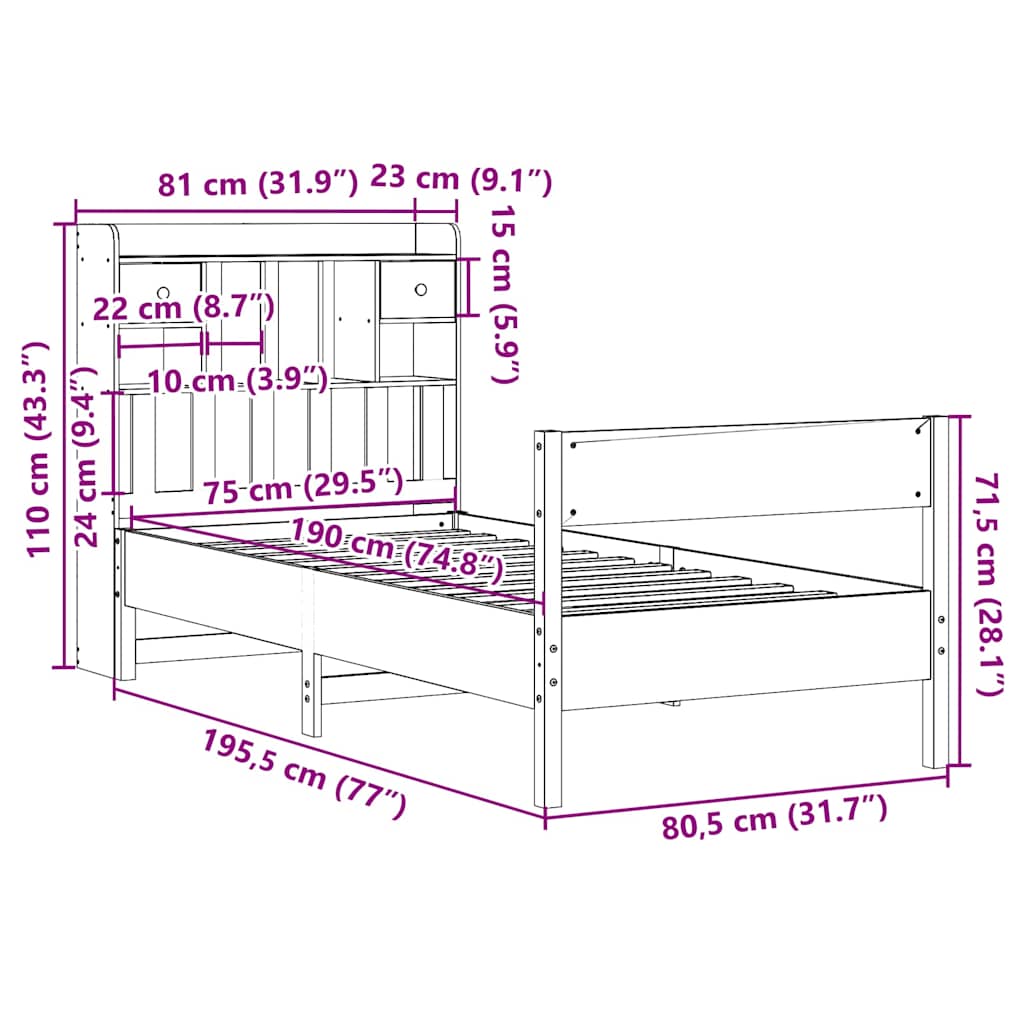 vidaXL Bookcase Bed without Mattress 75x190 cm Small Single Solid Wood Pine