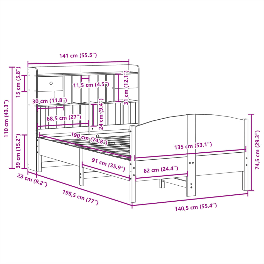 vidaXL Bookcase Bed without Mattress Wax Brown 135x190 cm Double Solid Wood Pine