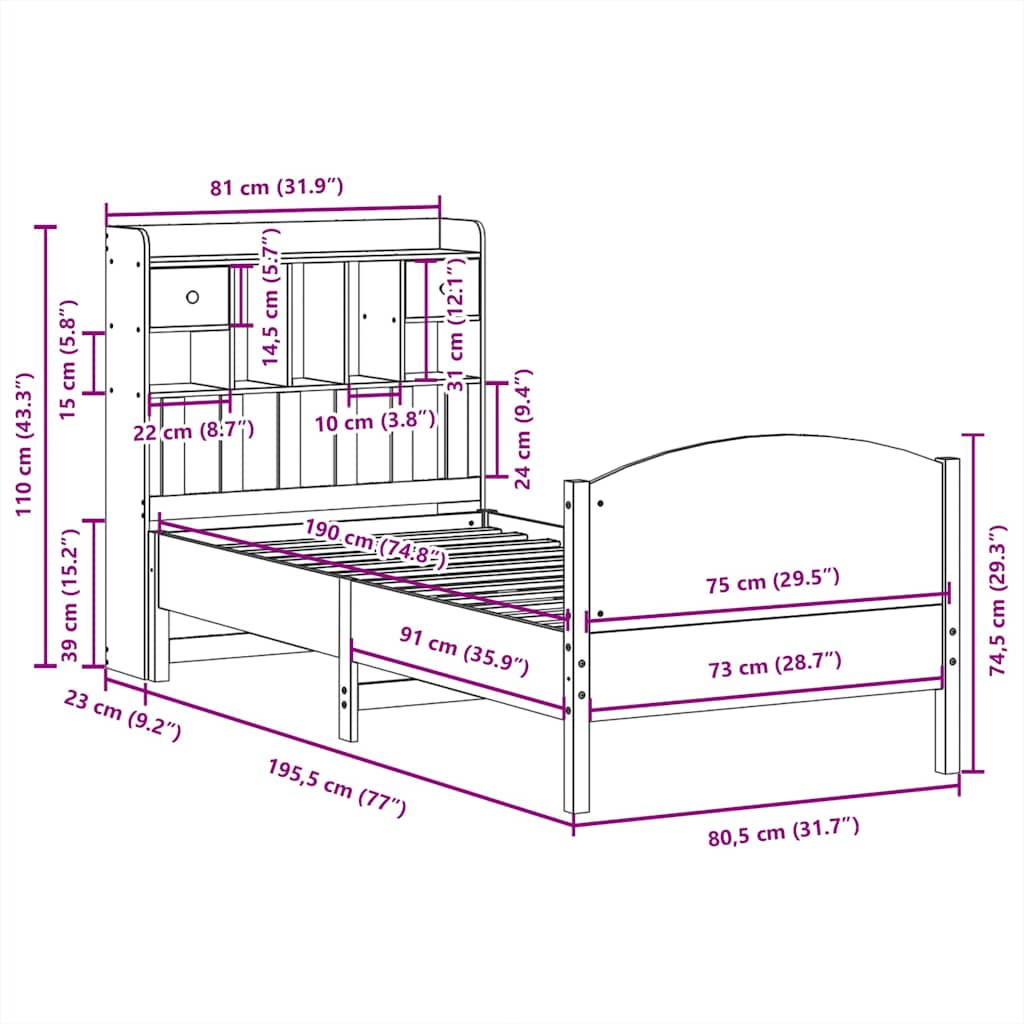 vidaXL Bookcase Bed without Mattress Wax Brown 75x190 cm Small Single Solid Wood Pine