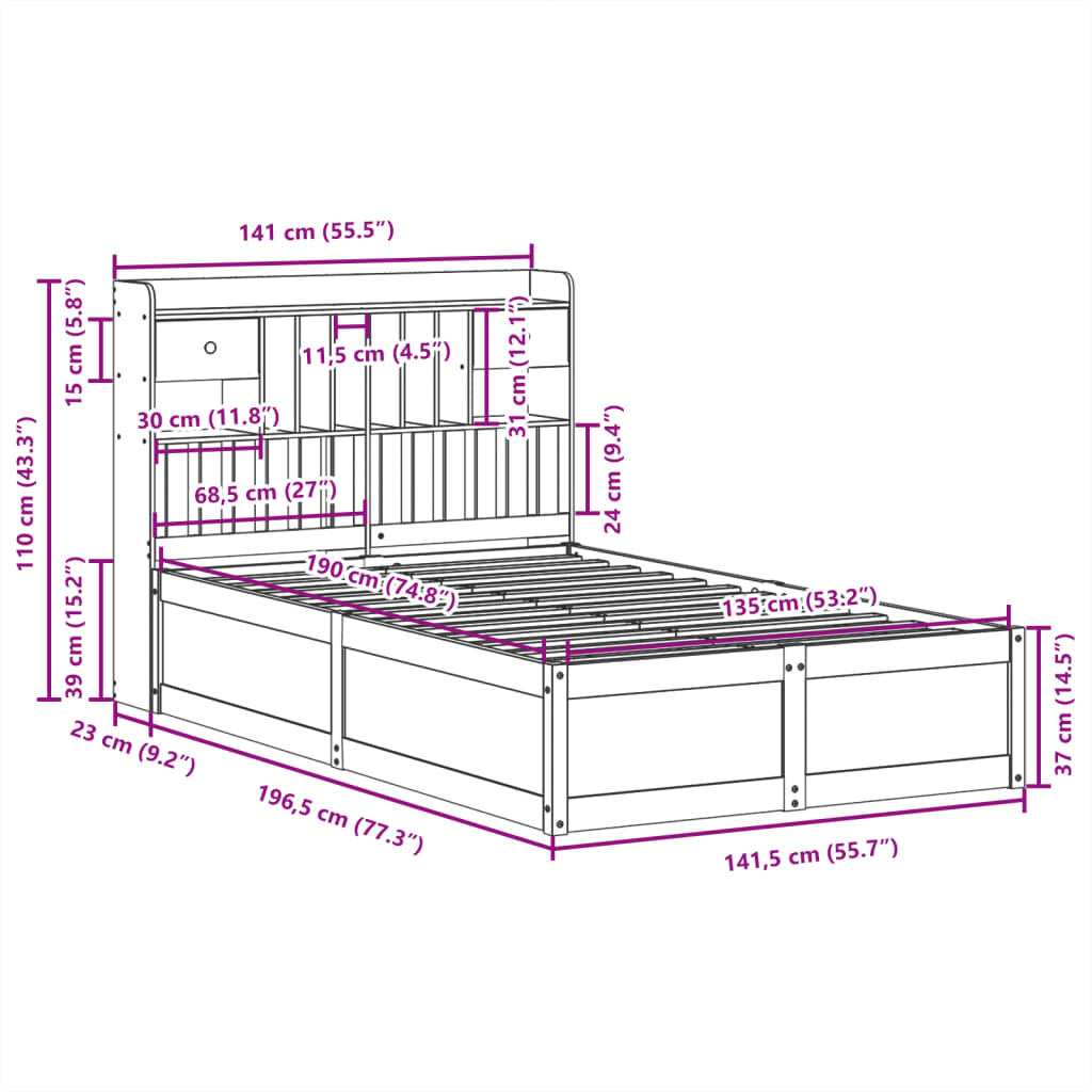 vidaXL Bed Frame without Mattress Wax Brown 135x190 cm Double Solid Wood Pine