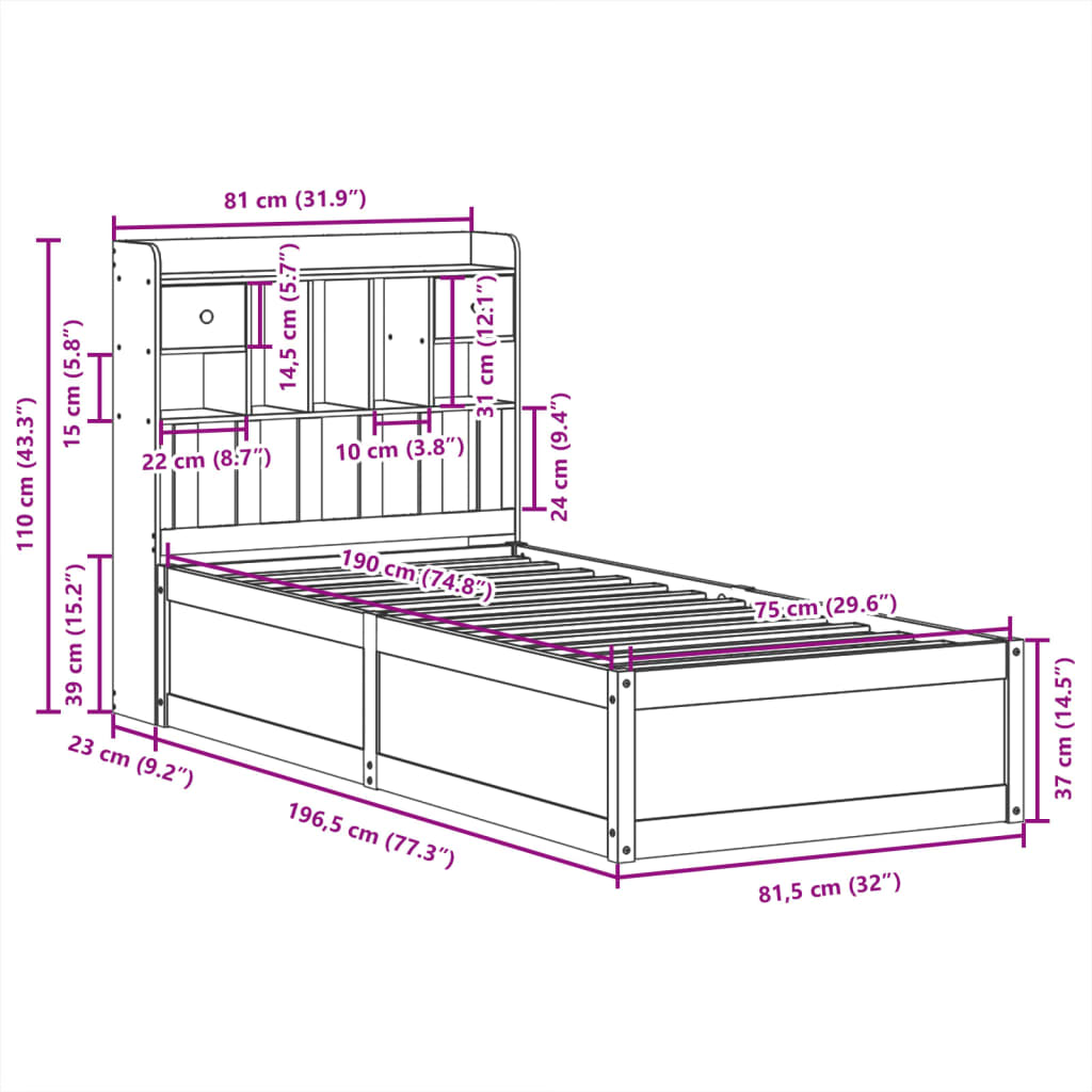 vidaXL Bed Frame without Mattress 75x190 cm Small Single Solid Wood Pine
