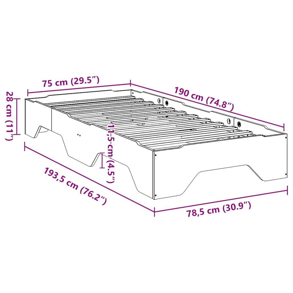 vidaXL Bed Frame No Mattress Stackable Wax Brown 75x190 cm Small Single Solid Wood