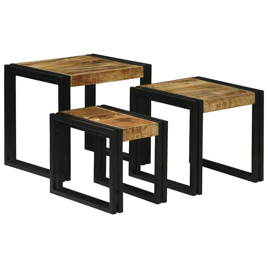 vidaXL Nesting Table 3 pcs Brown and Black Solid Mango Wood and Metal