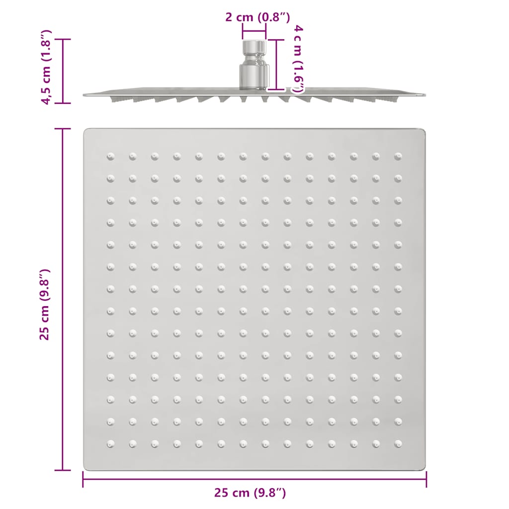 vidaXL Rain Shower Head Stainless Steel 304 25x25 cm Square