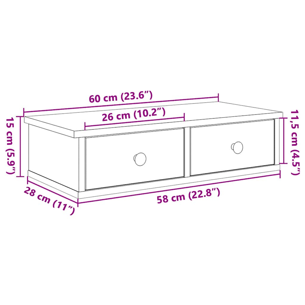 vidaXL Wall Shelf with Drawers Grey Sonoma 60x28x15 cm Engineered Wood