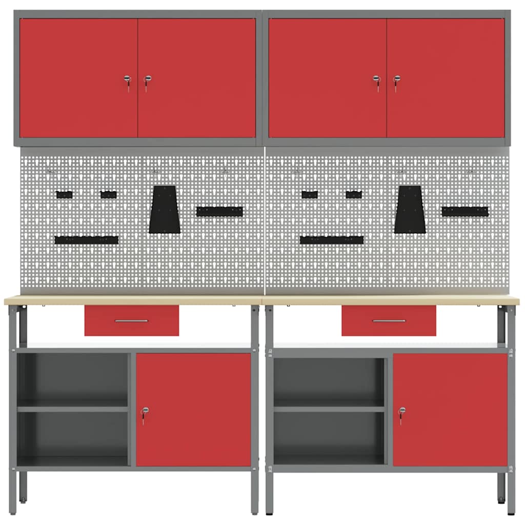 vidaXL Work Bench Set 8 pcs Red and Grey Powder-Coated Steel