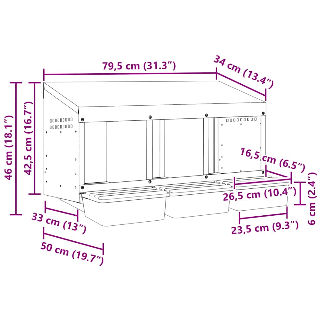 vidaXL Chicken Nesting Box 3 Compartments Wall-Mounted Galvanised Steel