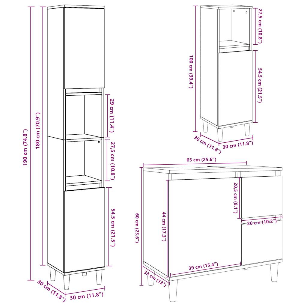 vidaXL 3 Piece Bathroom Furniture Set Concrete Grey Engineered Wood