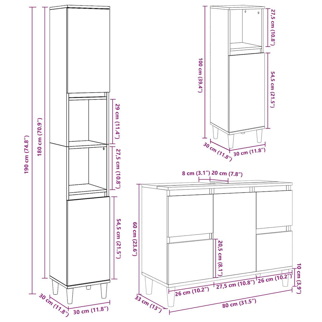 vidaXL 3 Piece Bathroom Furniture Set Concrete Grey Engineered Wood