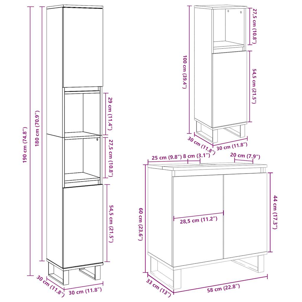 vidaXL 3 Piece Bathroom Furniture Set Concrete Grey Engineered Wood