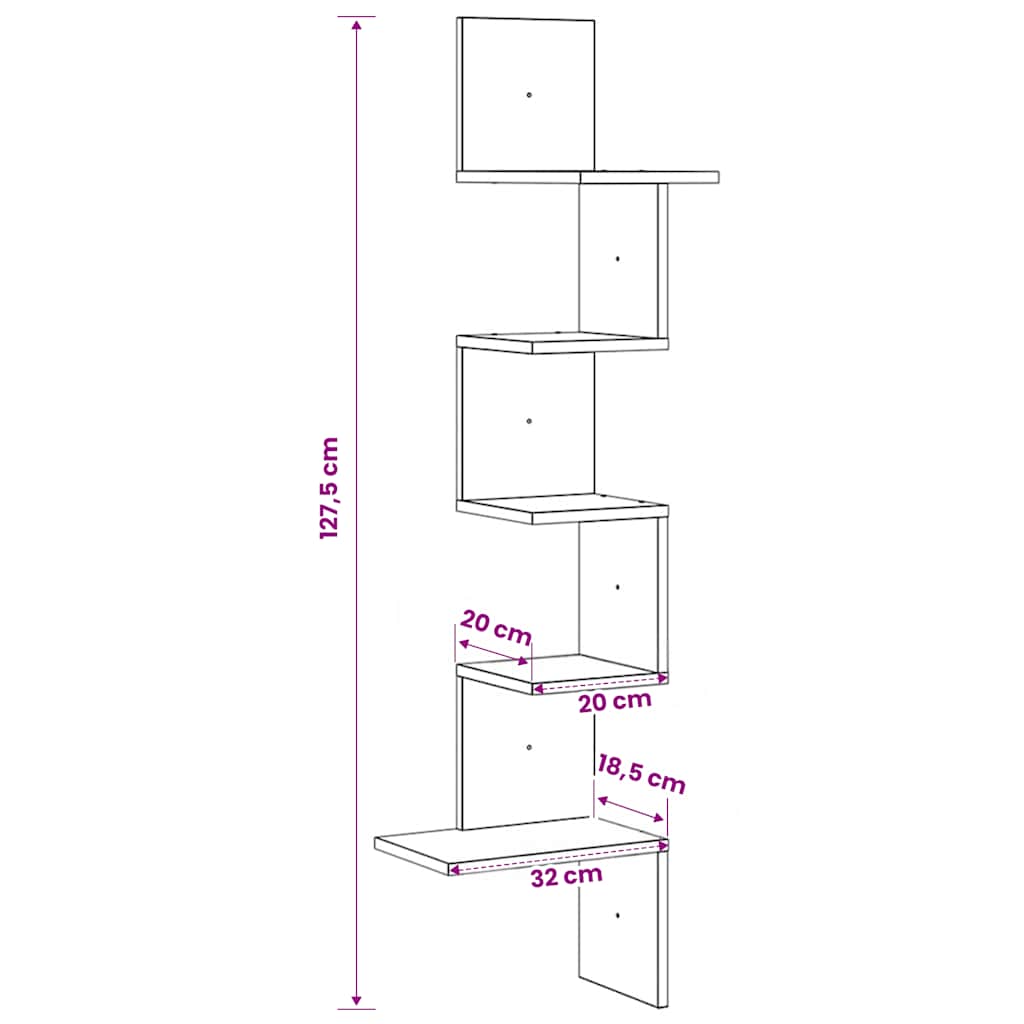 vidaXL Wall Corner Shelf Concrete Grey 32x32x127,5 cm Engineered Wood
