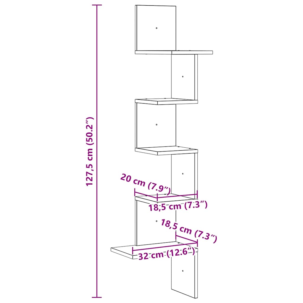 vidaXL Wall Corner Shelf Old Wood 32x32x127,5 cm Engineered Wood