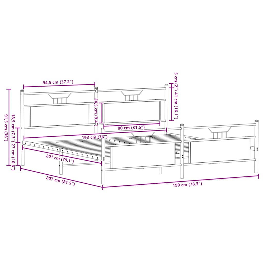 vidaXL Metal Bed Frame without Mattress Smoked Oak 193x203 cm
