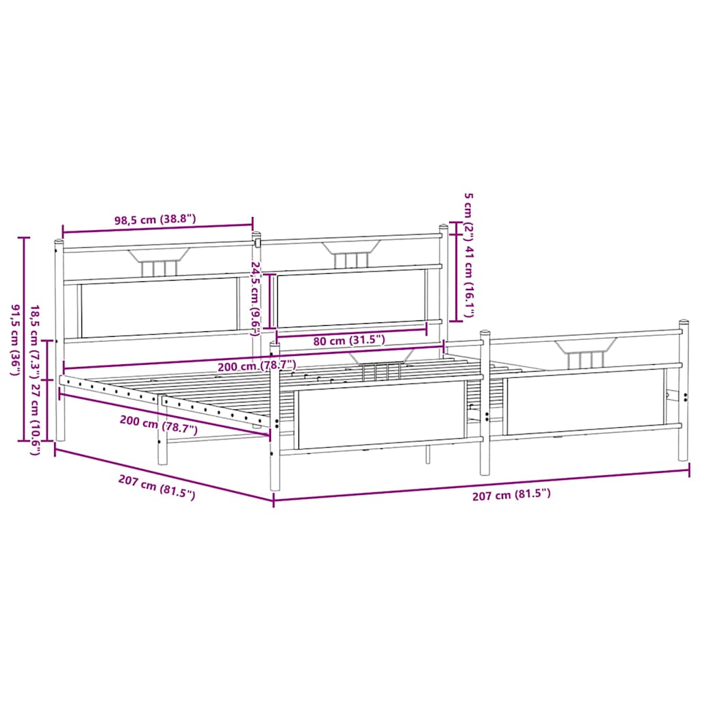 vidaXL Metal Bed Frame without Mattress Smoked Oak 200x200 cm