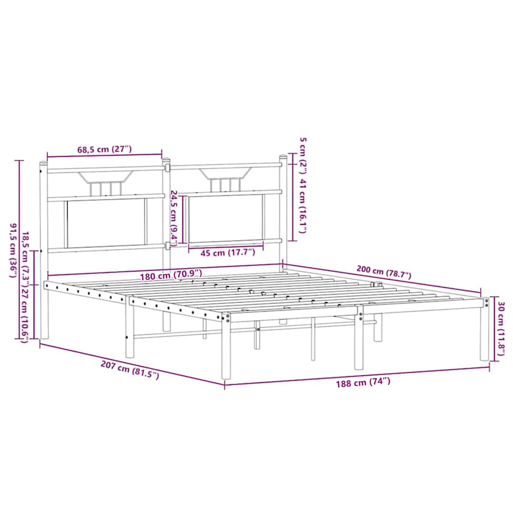vidaXL Metal Bed Frame without Mattress Sonoma Oak 180x200 cm