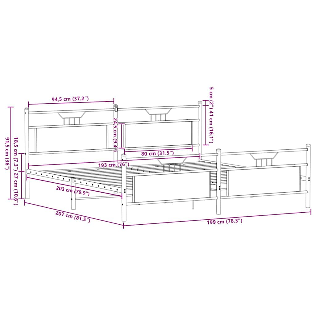 vidaXL Metal Bed Frame without Mattress Sonoma Oak 193x201 cm