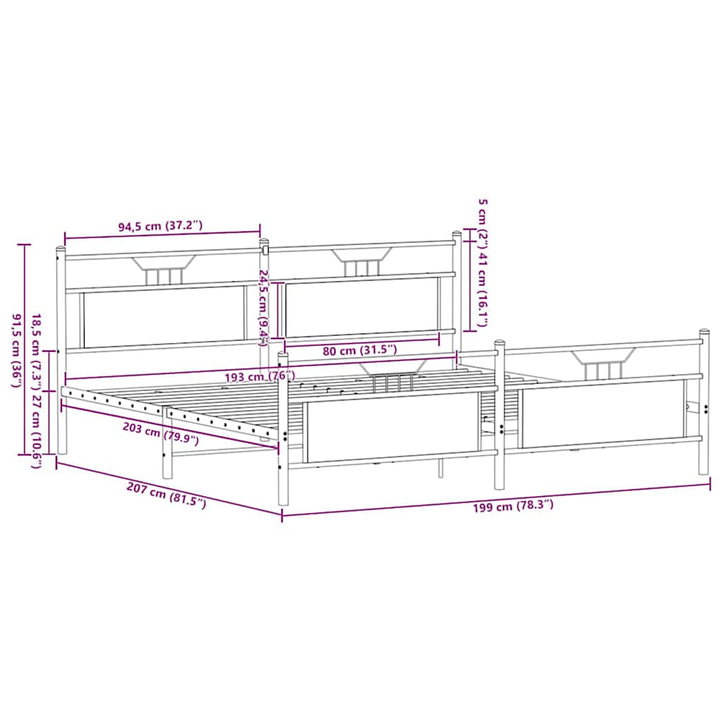 vidaXL Metal Bed Frame without Mattress Brown Oak 193x201 cm