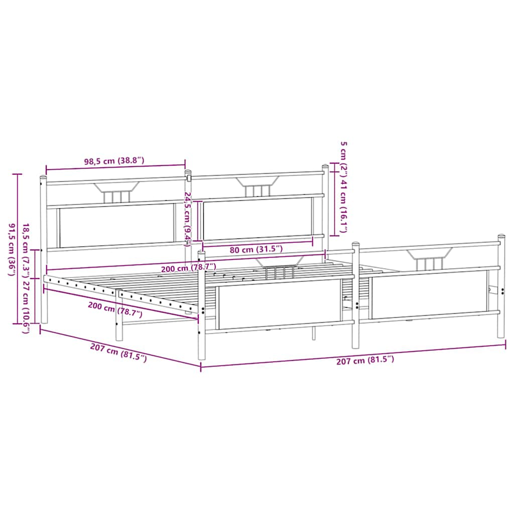 vidaXL Metal Bed Frame without Mattress Brown Oak 200x200 cm