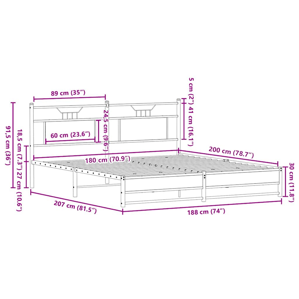 vidaXL Metal Bed Frame without Mattress Smoked Oak 180x200 cm