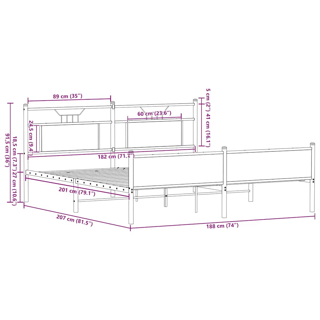 vidaXL Metal Bed Frame without Mattress Smoked Oak 180x200 cm Super King