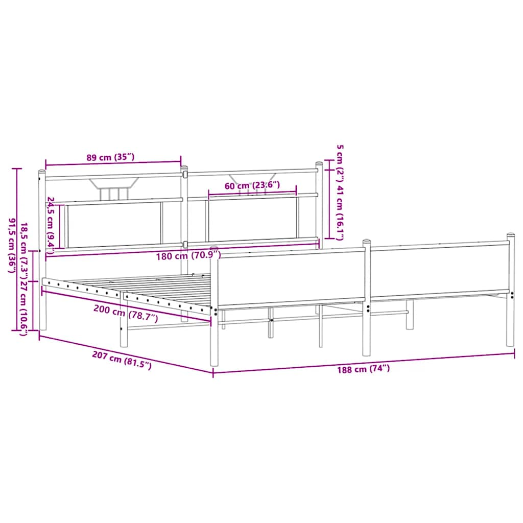 vidaXL Metal Bed Frame without Mattress Smoked Oak 180x200 cm