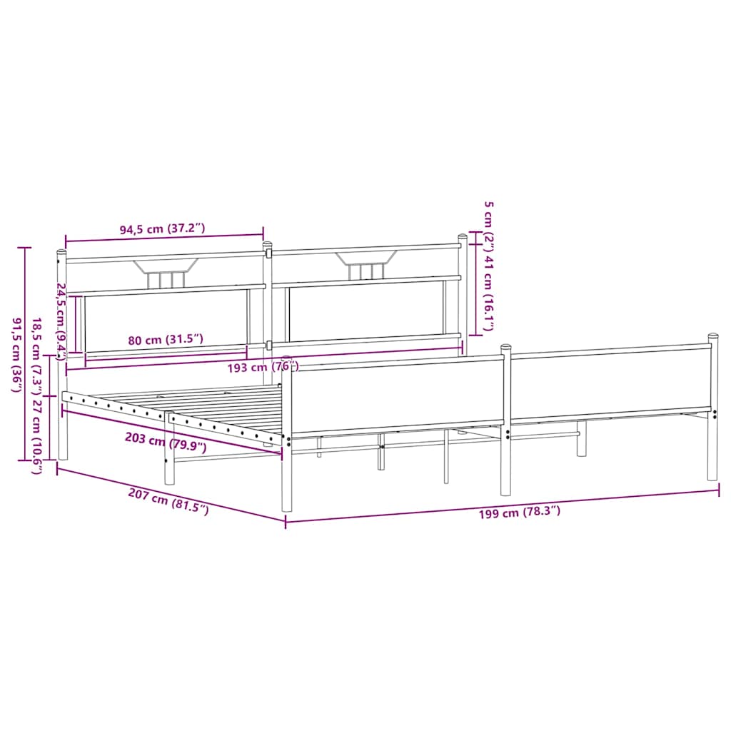 vidaXL Metal Bed Frame without Mattress Smoked Oak 193x201 cm