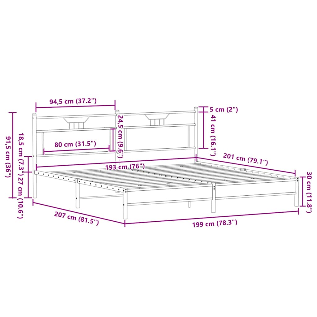 vidaXL Metal Bed Frame without Mattress Sonoma Oak 193x201 cm